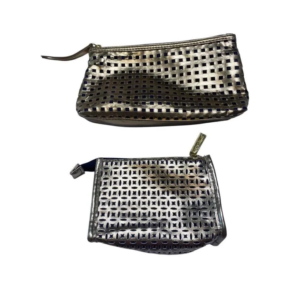 Estée Lauder Womens Beauty Cosmetic Makeup Travel Bag Gold Metallic Lot Of 2
